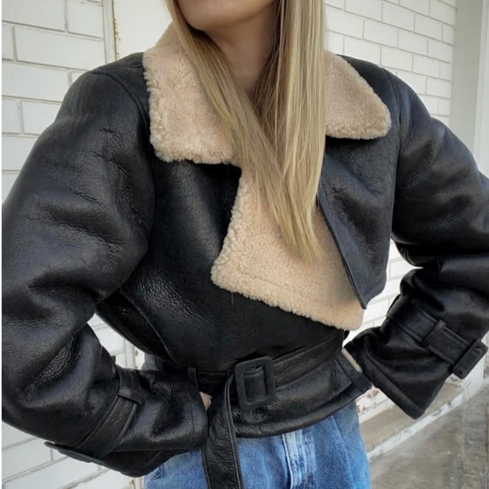 Commense Too Blessed Sherpa Lined Shearling Faux Leather Flight Jacket - Picture 3 of 7